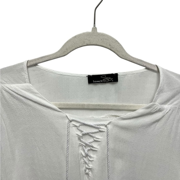 White Boho Coastal top. Cool and airy. Lace trim. Peasant tie cheat. Swim cover - Picture 6 of 8